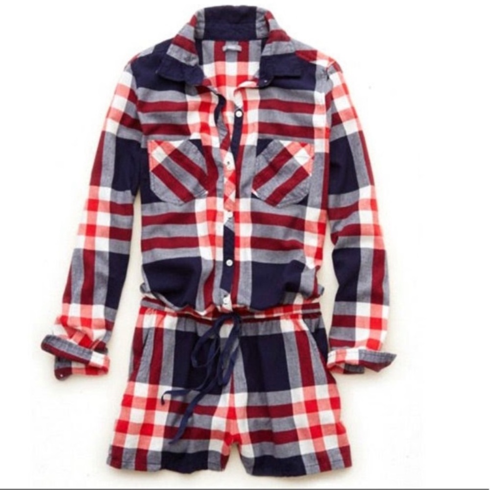 NWT Aerie Patriotic Plaid Flannel Pajama Romper XS